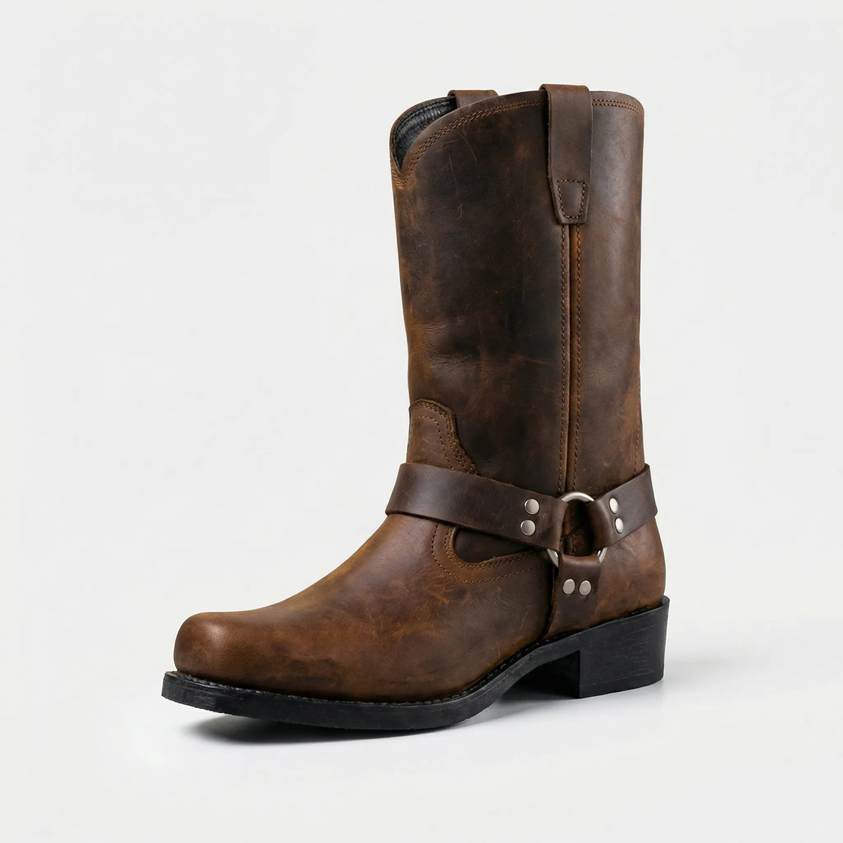 Men's Vintage Western Cowboy Boots with Harness Buckle, Handcrafted Leather Boots in Cognac, Oak & Black, Casual Everyday Wear | Lonoma