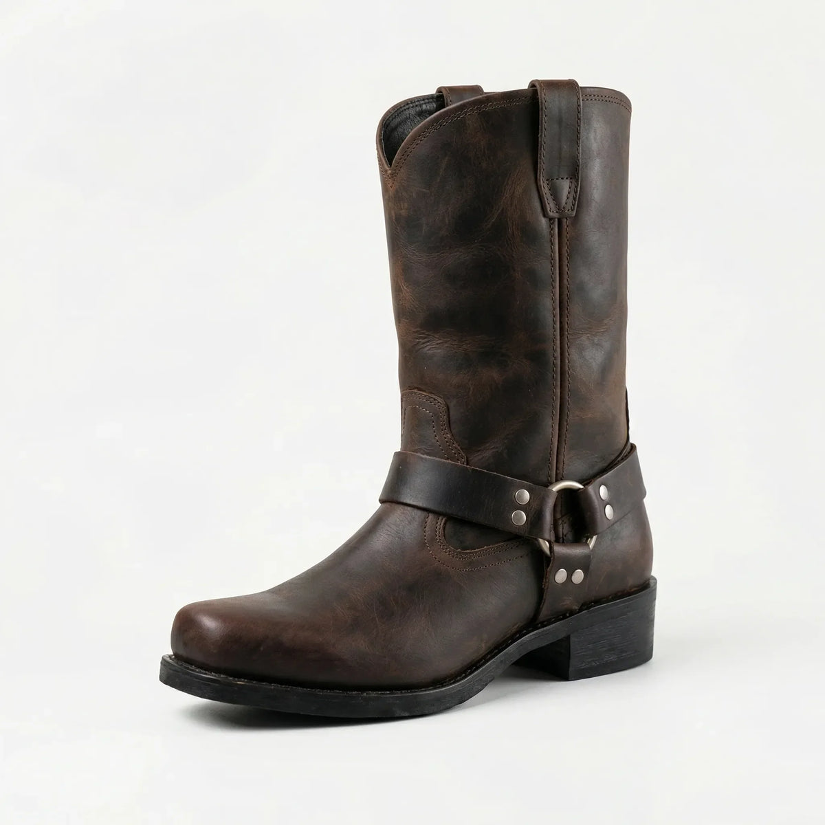 Men's Vintage Western Cowboy Boots with Harness Buckle, Handcrafted Leather Boots in Cognac, Oak & Black, Casual Everyday Wear | Lonoma