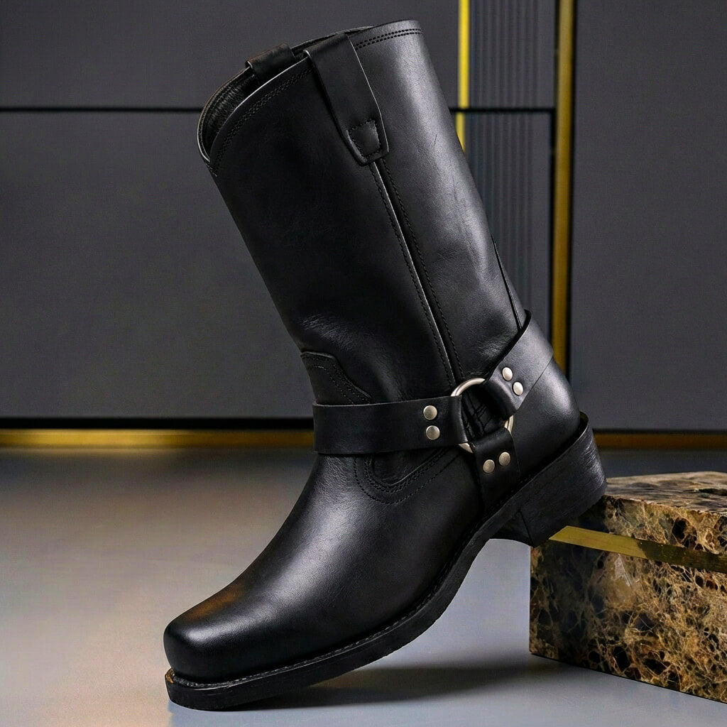 Men's Vintage Western Cowboy Boots with Harness Buckle, Handcrafted Leather Boots in Cognac, Oak & Black, Casual Everyday Wear | Lonoma