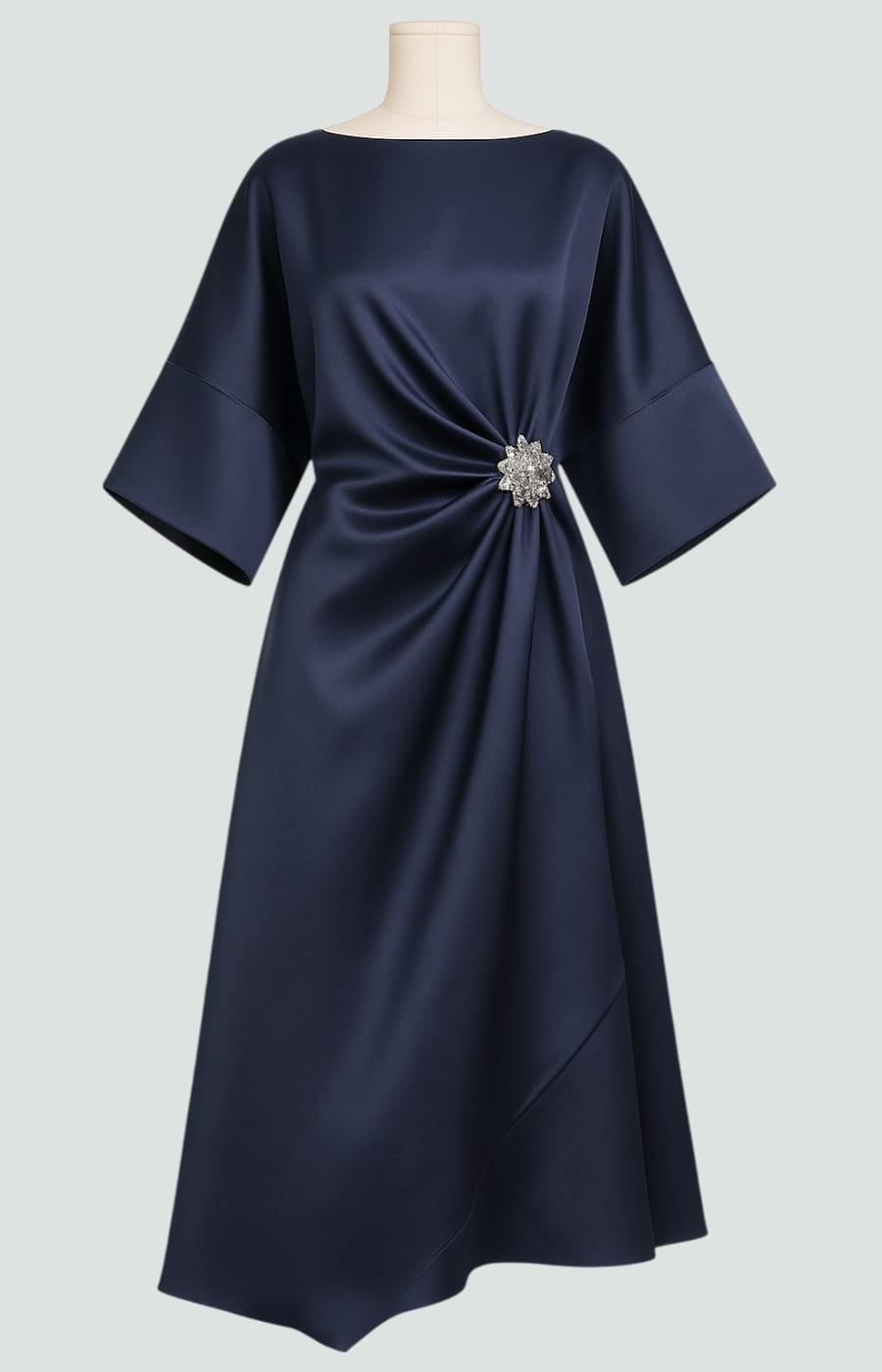 Women's Draped Maxi Dress with Brooch Detail in Navy, Red, Turquoise | Evening Gown | Formal Occasion Dress | Flowing Silhouette | Statement Waist Design | Koossa