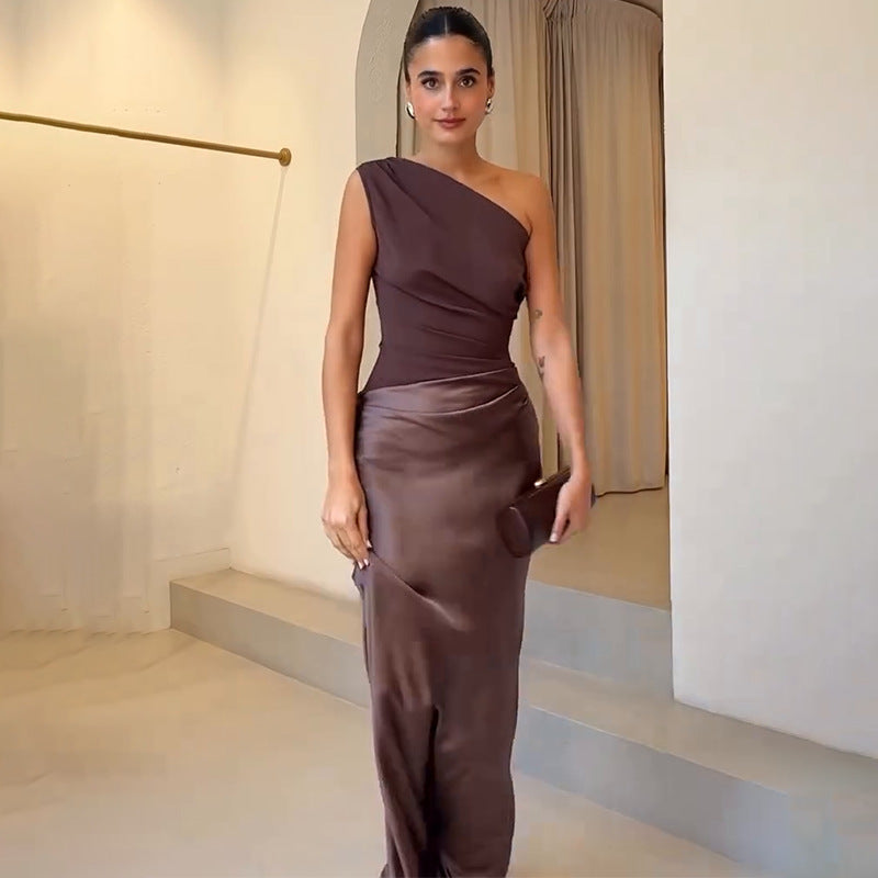 Women's One-Shoulder Evening Dress in Draped Satin for Weddings and Special Occasions | Asymmetric Neckline Formal Gown Elegant Party Dress | Koossa