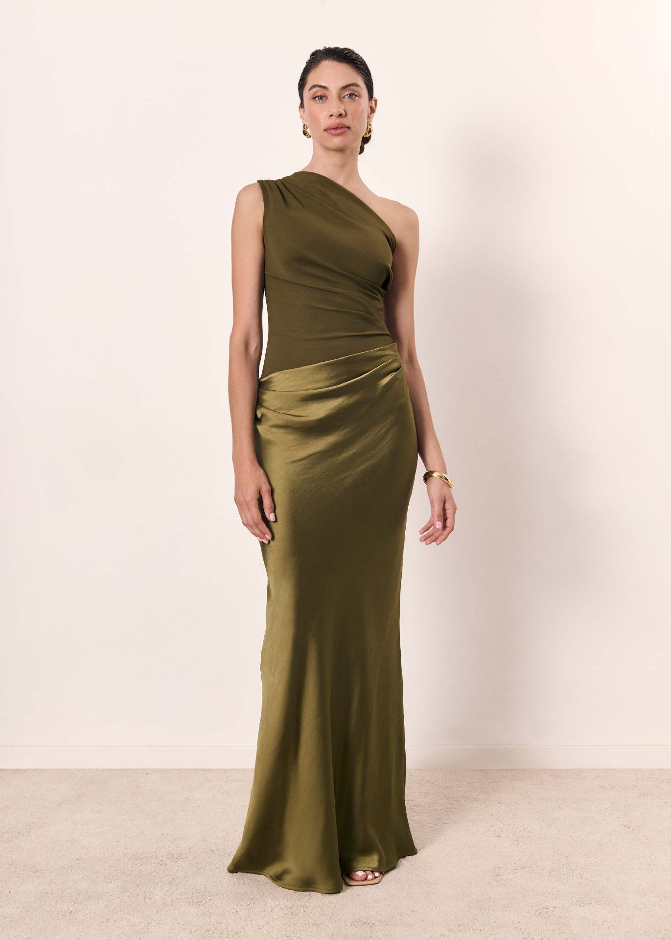 Women's One-Shoulder Evening Dress in Draped Satin for Weddings and Special Occasions | Asymmetric Neckline Formal Gown Elegant Party Dress | Koossa
