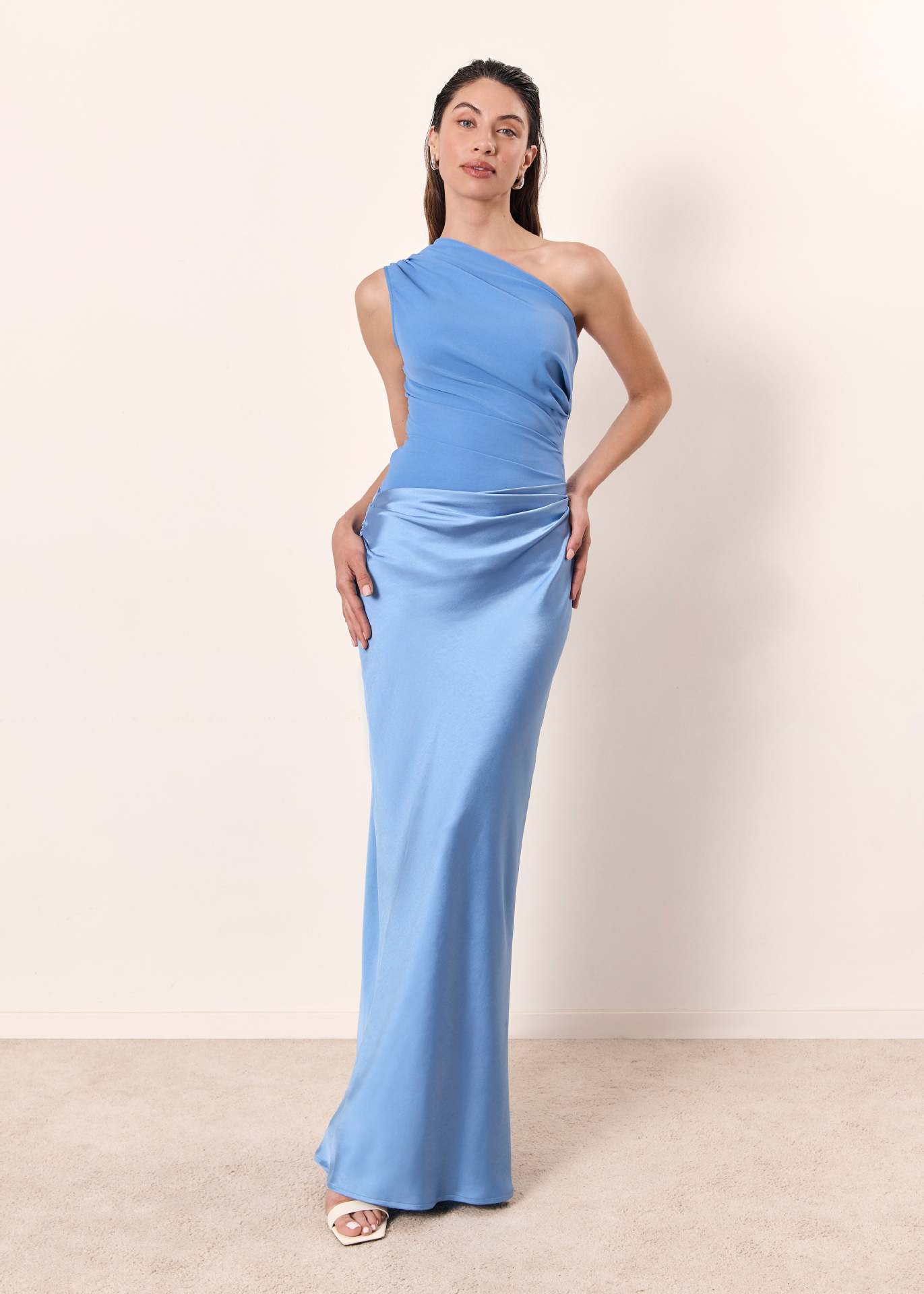 Women's One-Shoulder Evening Dress in Draped Satin for Weddings and Special Occasions | Asymmetric Neckline Formal Gown Elegant Party Dress | Koossa