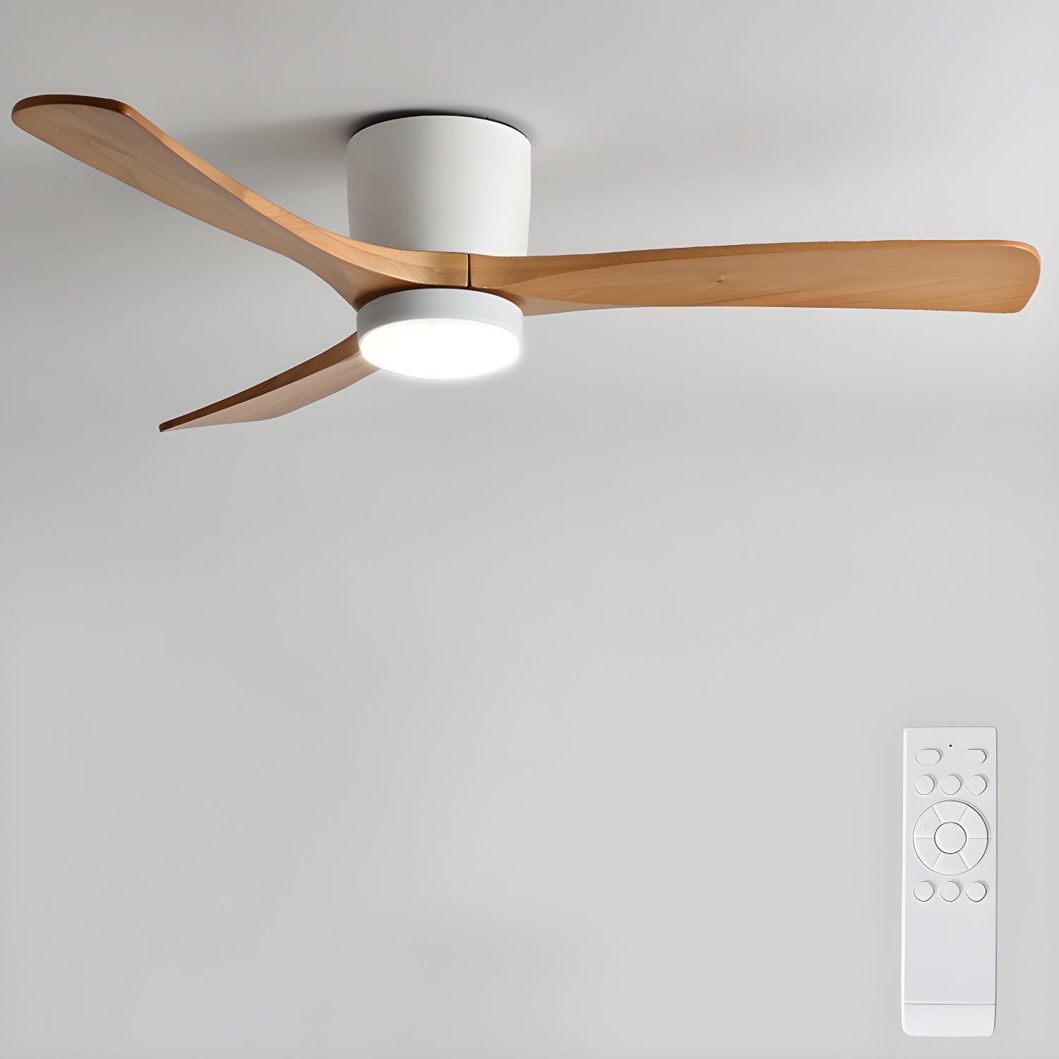 Ventilateur de plafond lumineux lames bois naturel design nordique silencieux économe chambre salon moderne | Koossa