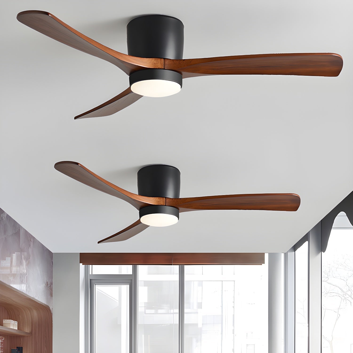 Ventilateur de plafond lumineux lames bois naturel design nordique silencieux économe chambre salon moderne | Koossa