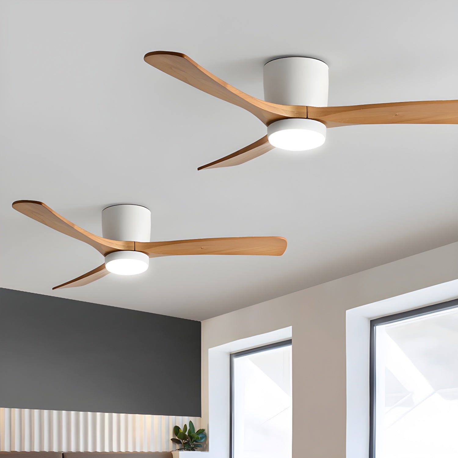 Ventilateur de plafond lumineux lames bois naturel design nordique silencieux économe chambre salon moderne | Koossa
