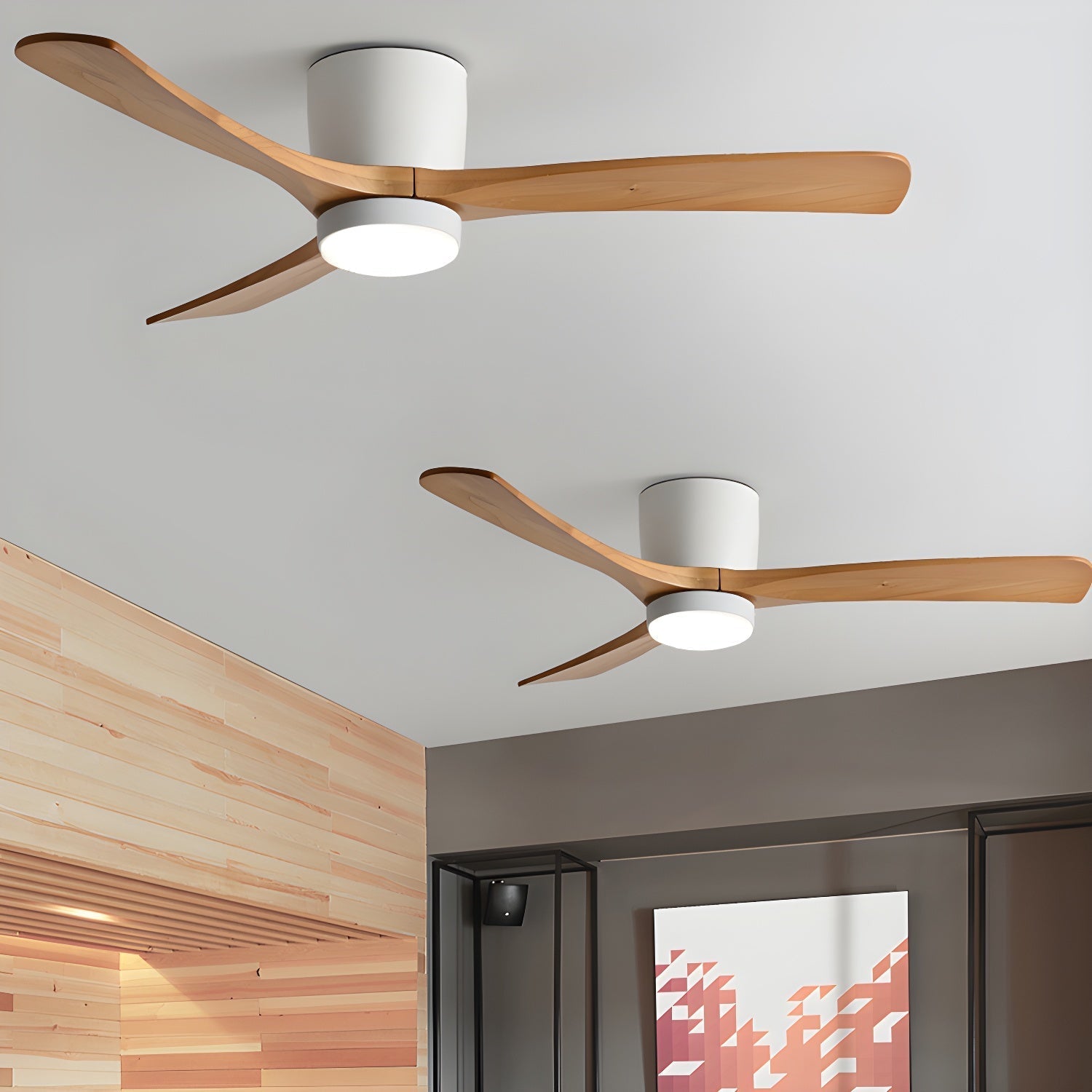 Ventilateur de plafond lumineux lames bois naturel design nordique silencieux économe chambre salon moderne | Koossa