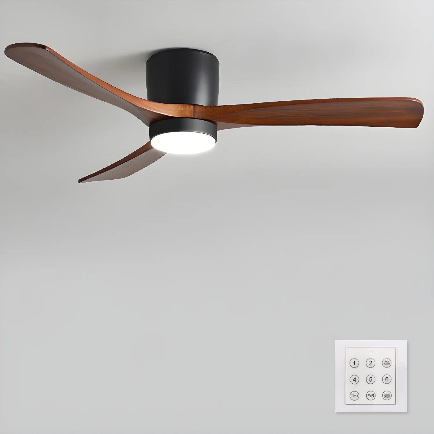 Ventilateur de plafond lumineux lames bois naturel design nordique silencieux économe chambre salon moderne | Koossa