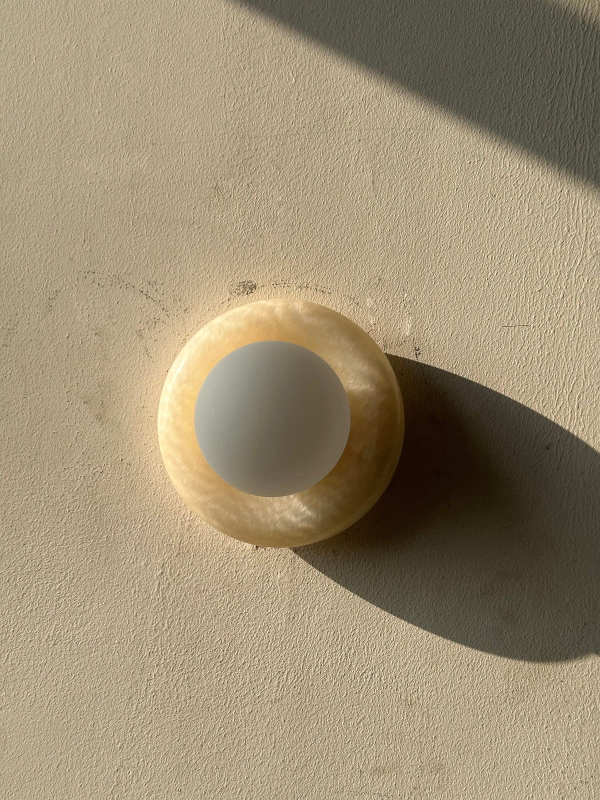 Round Natural Stone Wall Sconce with Glass Shade – Genuine Jade Accent Light 5.5 Inches for Bedroom Hallway Living Room | Lonoma