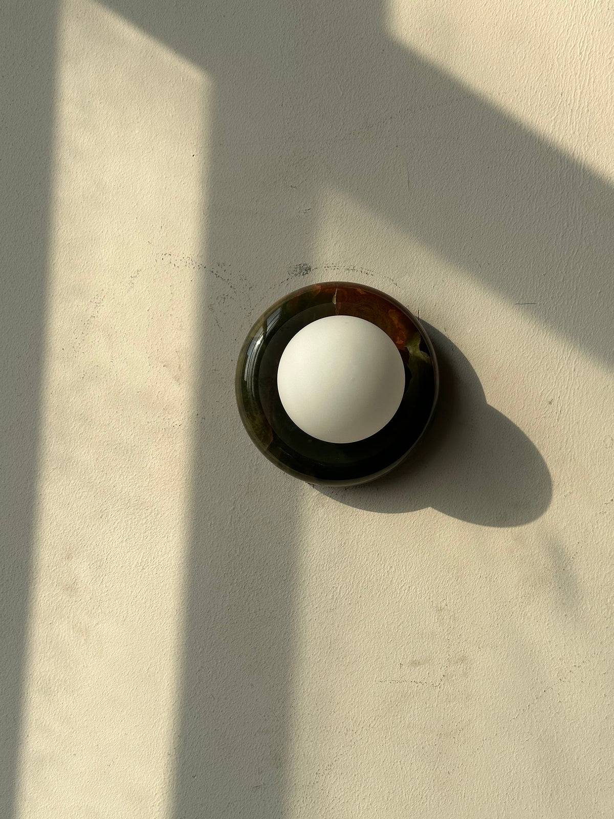 Round Natural Stone Wall Sconce with Glass Shade – Genuine Jade Accent Light 5.5 Inches for Bedroom Hallway Living Room | Lonoma