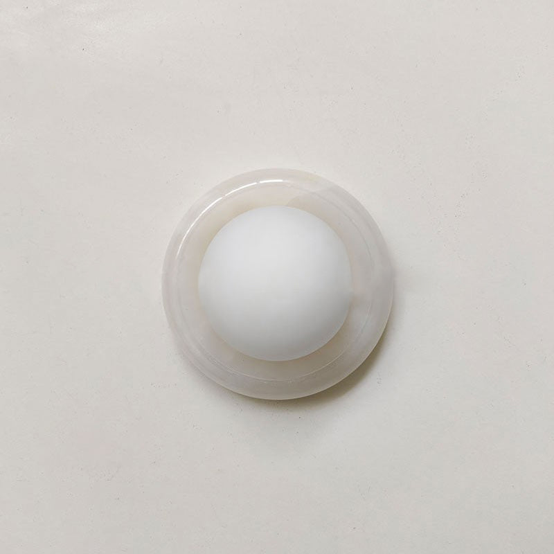 Round Natural Stone Wall Sconce with Glass Shade – Genuine Jade Accent Light 5.5 Inches for Bedroom Hallway Living Room | Lonoma