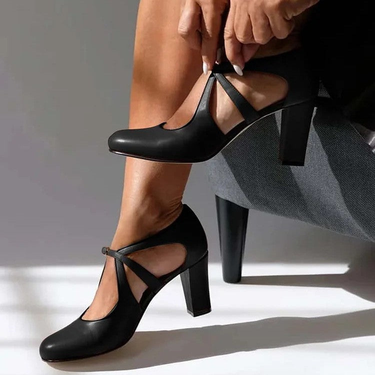 Women's Leather Block Heel Strap Sandals in Brown, Green & Black | Elegant Mid-Height Court Shoes with Ankle Support | Koossa