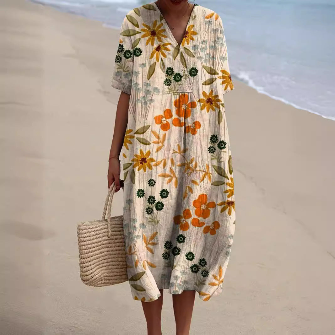 Women's Floral V-Neck Summer Dress — Colourful Midi Dress for Garden Parties & Holiday Occasions | Koossa