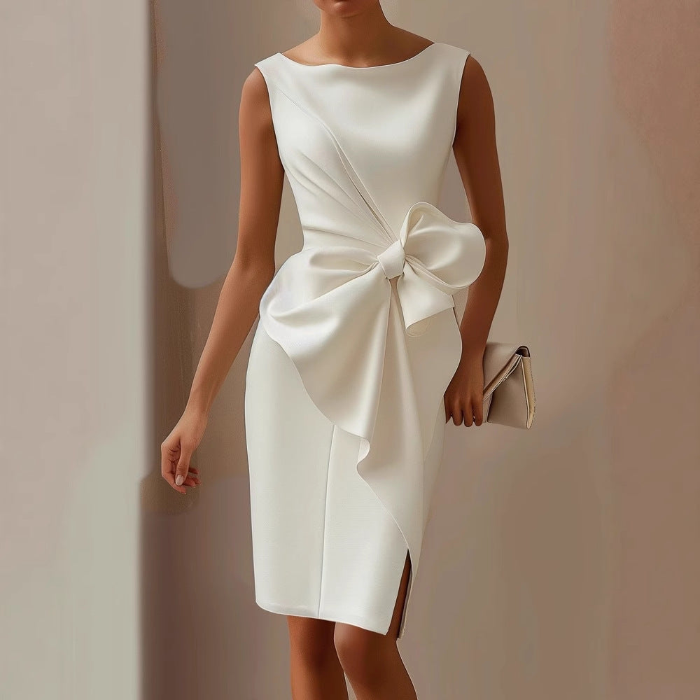 Women's Sleeveless Dress with Sculptural Bow Waist Detail in Pink, White, Blue, Red and Black – Elegant Formal Occasion Dress with Tailored Fit and Draped Silhouette | Koossa