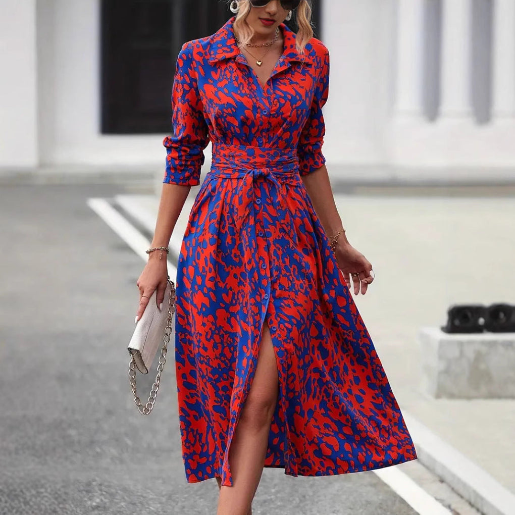Women's Midi Dress with Tie Belt — Elegant A-Line Summer Dress for Brunch, Work & Weekend Occasions | Koossa