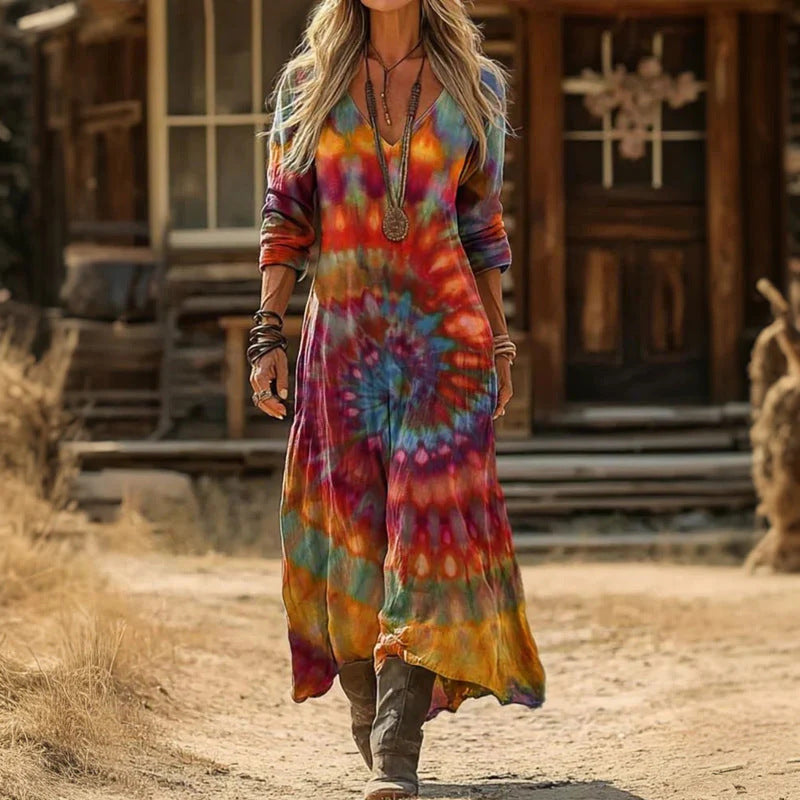 Women's Cotton Vintage Midi Dress with Long Sleeves and Flowing Silhouette | Koossa