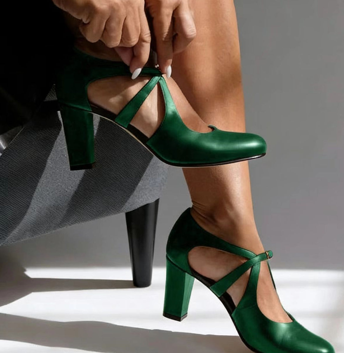 Women's Leather Block Heel Strap Sandals in Brown, Green & Black | Elegant Mid-Height Court Shoes with Ankle Support | Koossa