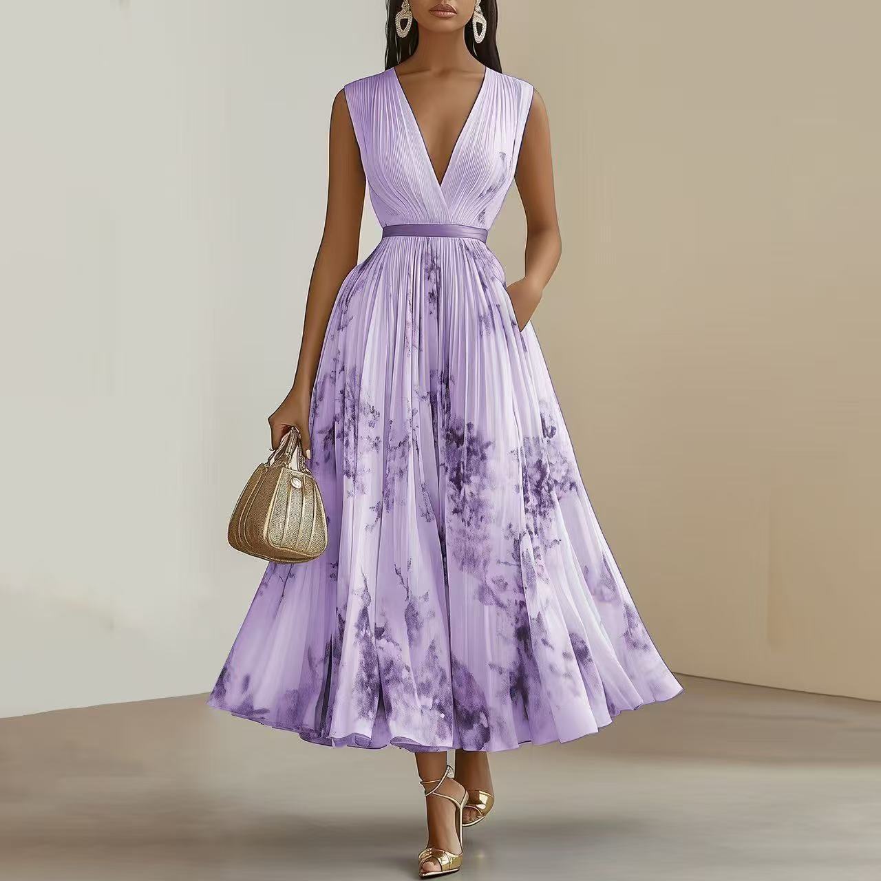 Women's Sleeveless Wrap Maxi Dress with V-Neckline in Soft Pastel Tones for Garden Parties and Summer Occasions | Koossa