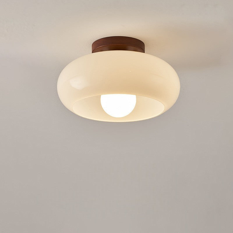 Bauhaus Ceiling Light, Round Opal Glass Flush Mount with Wood Accent, LED Compatible Fixture for Bedroom, Hallway, Kitchen & Living Room | Lonoma