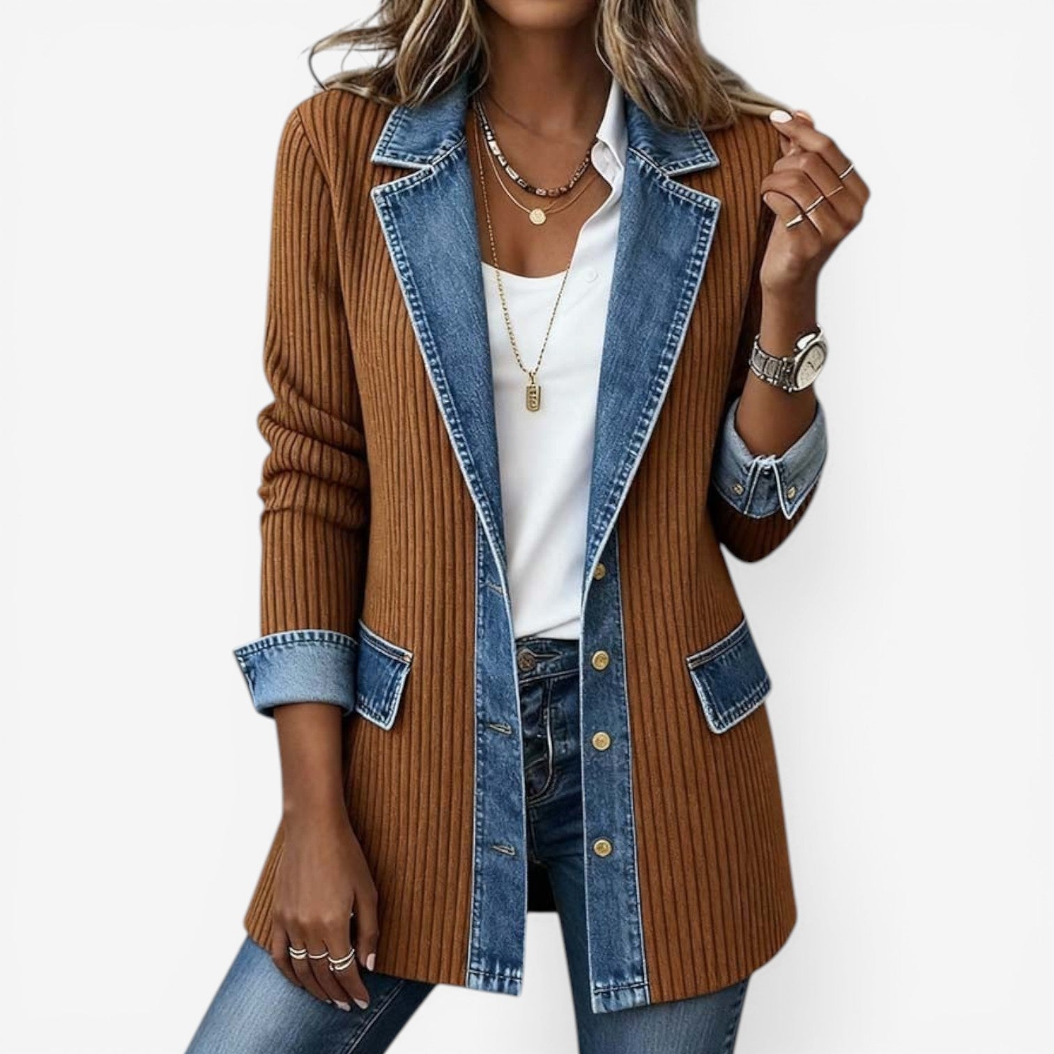 Women's Textured Layered Jacket in Mixed Knit and Denim-Style Fabric – Relaxed Fit Open Front Cardigan for Effortless Everyday Elegance and Modern Casual Styling | Koossa