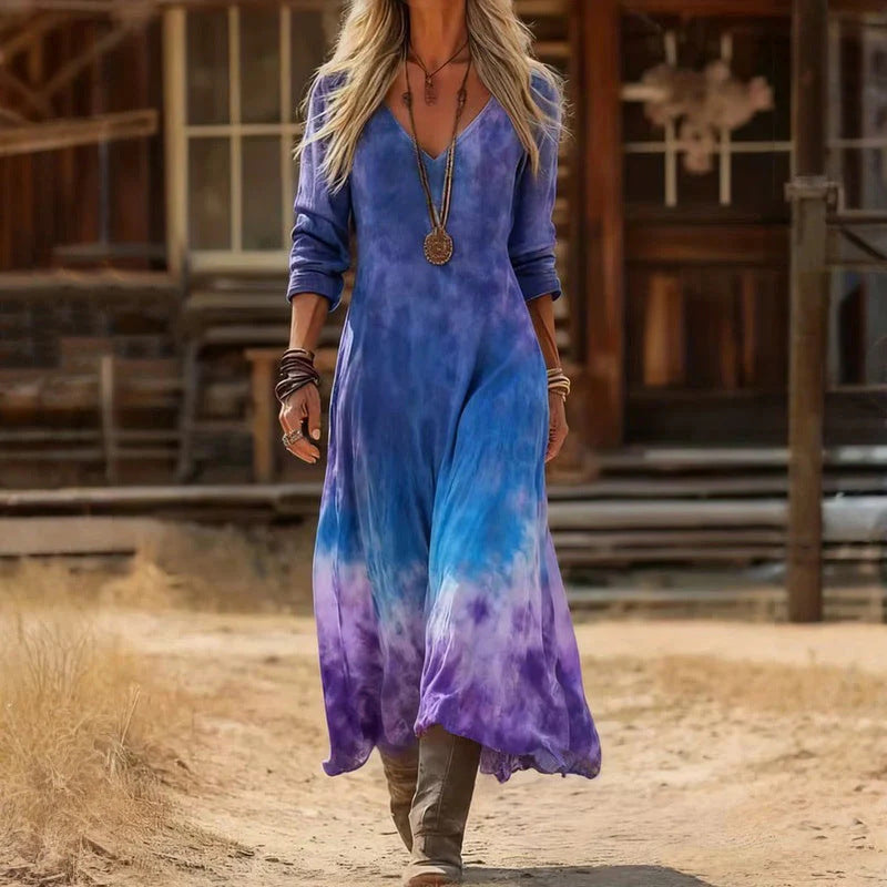 Women's Cotton Vintage Midi Dress with Long Sleeves and Flowing Silhouette | Koossa