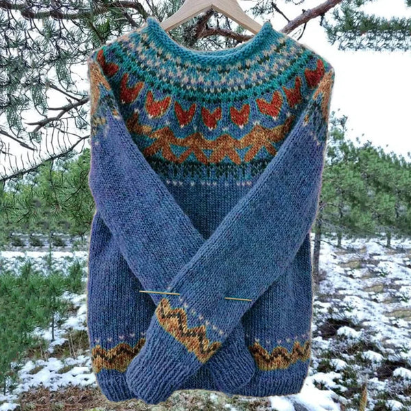 Women's Vintage Icelandic Knit Jumper in Blue and Green — Classic Nordic Pattern Knitwear for Autumn and Winter | Koossa