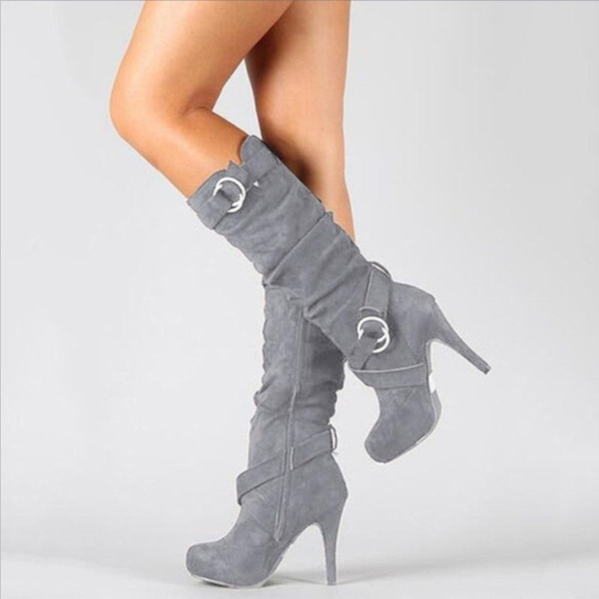 Women's High-Heel Ankle Boots with Decorative Buckle Detail in Grey and Black | Sophisticated Footwear for Evening and Smart Casual Wear | Koossa