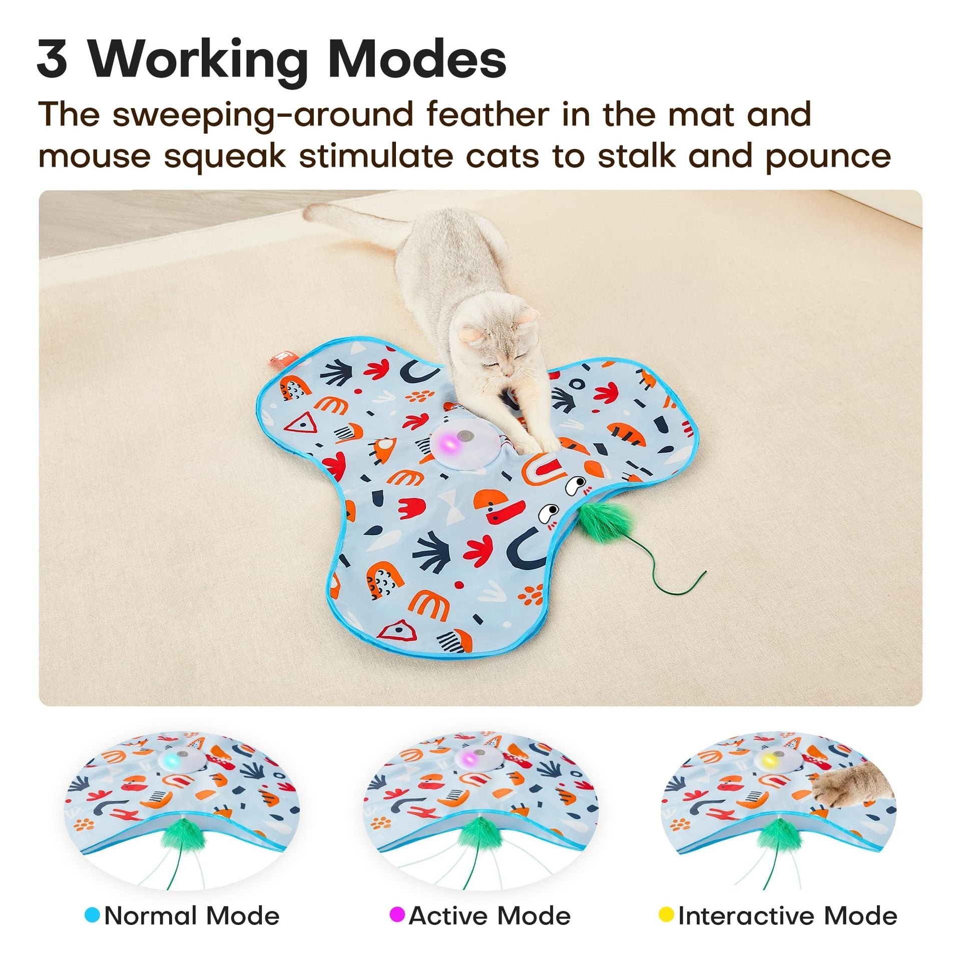 Cat Interactive Mat Toy USB Rechargeable 3 Modes Mouse Sound Feather Hide Seek 5min Standby Touch Activate Indoor | Koossa