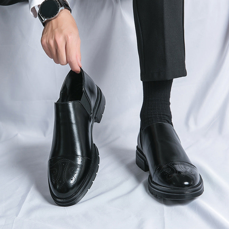 Men's Leather Slip-On Brogues with Cap Toe Detail in Black and Brown | Classic Formal Footwear for Business and Evening Occasions | Elegant Dress Shoes with Elastic Gusset | Koossa