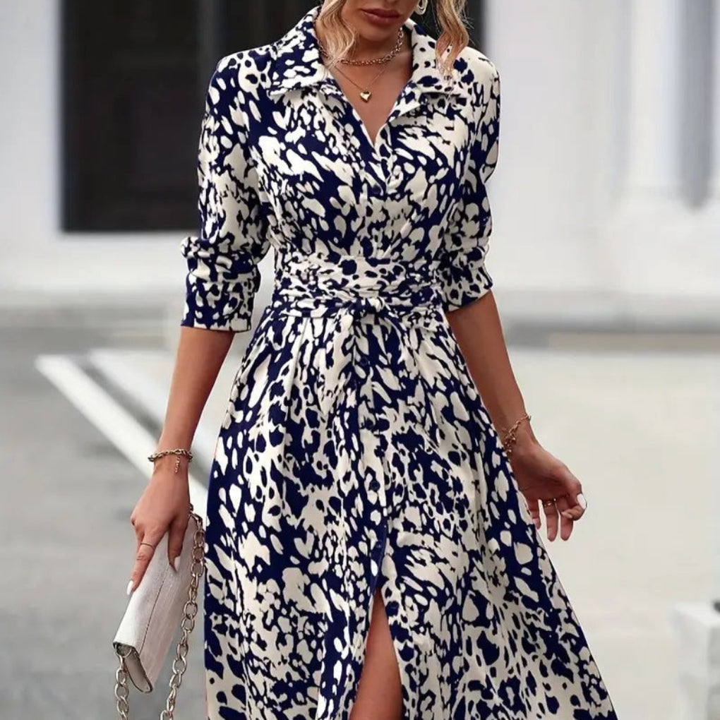 Women's Midi Dress with Tie Belt — Elegant A-Line Summer Dress for Brunch, Work & Weekend Occasions | Koossa