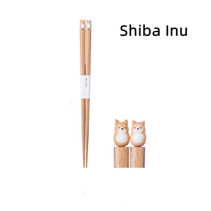 Kids Training Chopsticks with Animal Toppers, Wooden Easy-Grip Learning Utensils for Toddlers, Shiba Inu, Bunny, Bear, Kitten | Lonoma