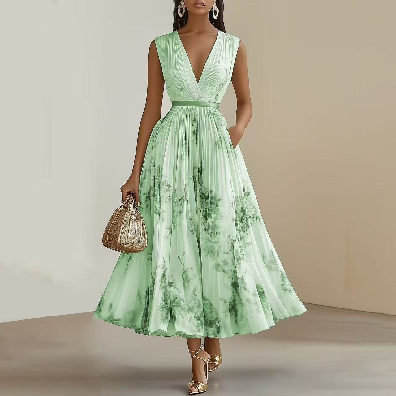 Women's Sleeveless Wrap Maxi Dress with V-Neckline in Soft Pastel Tones for Garden Parties and Summer Occasions | Koossa