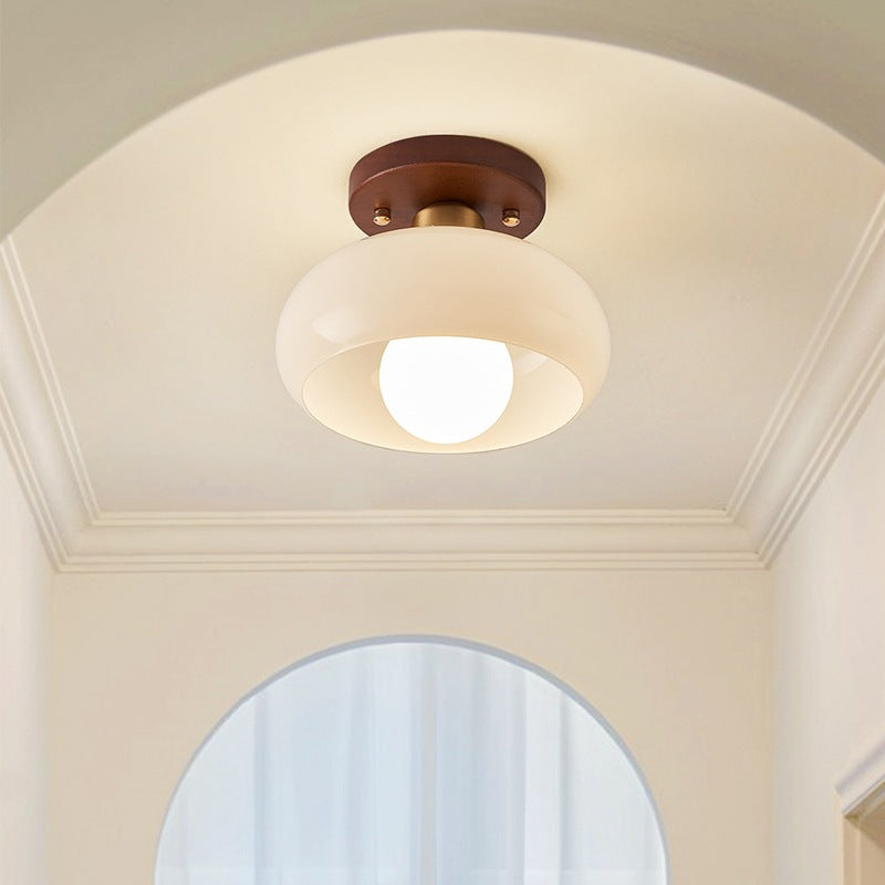 Bauhaus Ceiling Light, Round Opal Glass Flush Mount with Wood Accent, LED Compatible Fixture for Bedroom, Hallway, Kitchen & Living Room | Lonoma