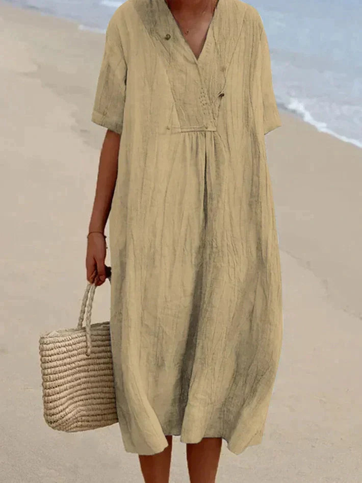 Women's V-Neck Summer Midi Dress with Pockets — Elegant A-Line Dress for Warm Weather & Outdoor Events | Koossa
