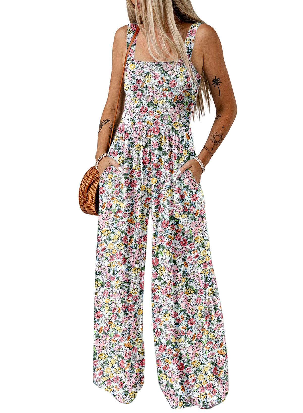 Women's Wide-Leg Floral Jumpsuit in Flowing Silhouette for Garden Parties and Spring Gatherings | Koossa