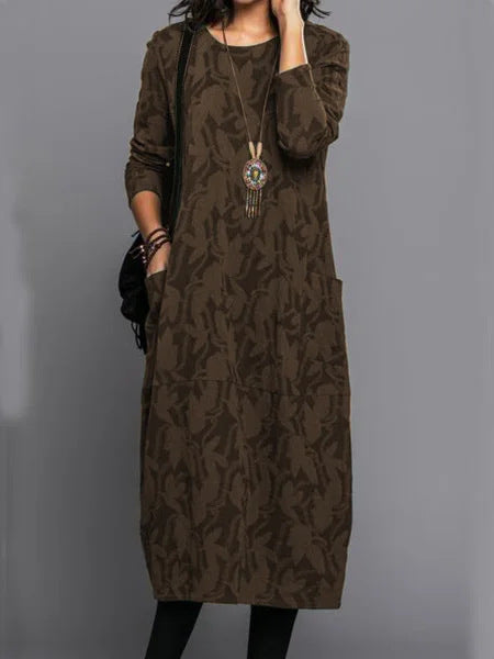 Women's Winter Midi Dress with Leaf Print — Elegant Long Sleeve Dress with Pockets for Autumn & Winter | Koossa