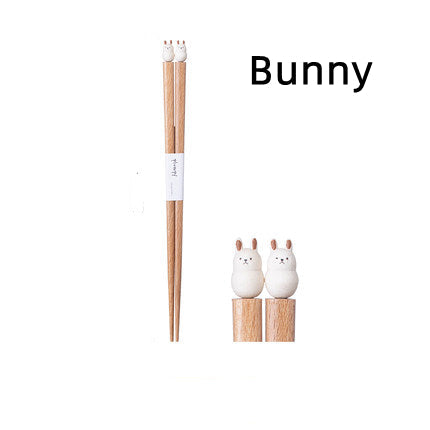 Kids Training Chopsticks with Animal Toppers, Wooden Easy-Grip Learning Utensils for Toddlers, Shiba Inu, Bunny, Bear, Kitten | Lonoma