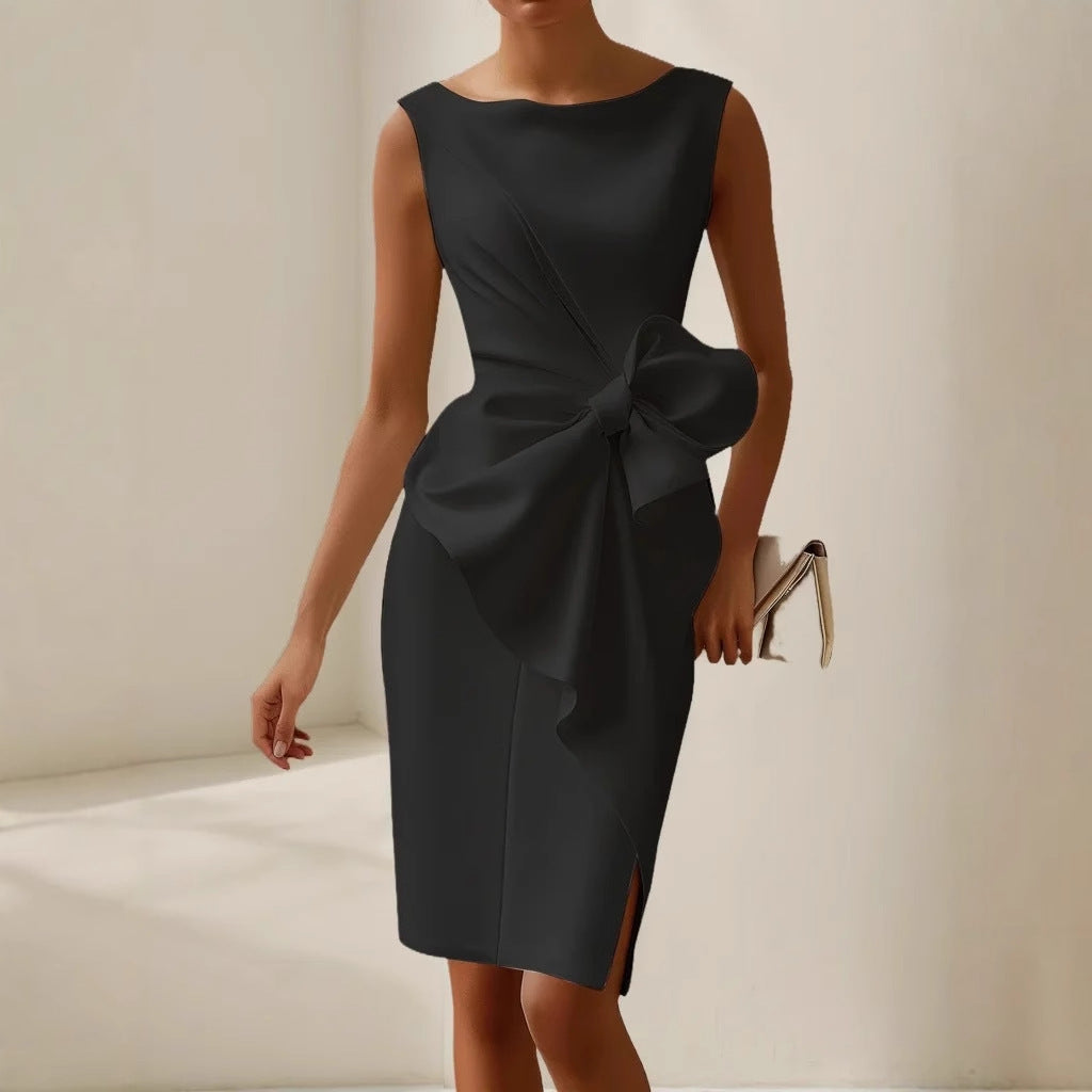 Women's Sleeveless Dress with Sculptural Bow Waist Detail in Pink, White, Blue, Red and Black – Elegant Formal Occasion Dress with Tailored Fit and Draped Silhouette | Koossa