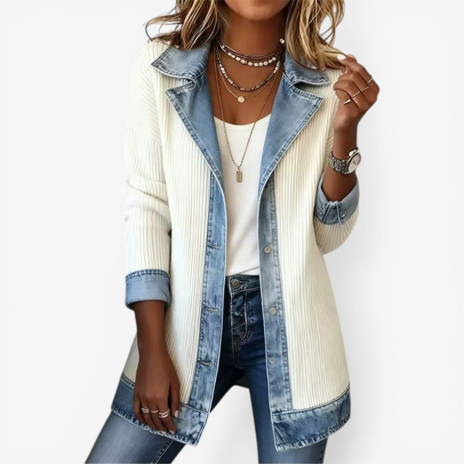 Women's Textured Layered Jacket in Mixed Knit and Denim-Style Fabric – Relaxed Fit Open Front Cardigan for Effortless Everyday Elegance and Modern Casual Styling | Koossa