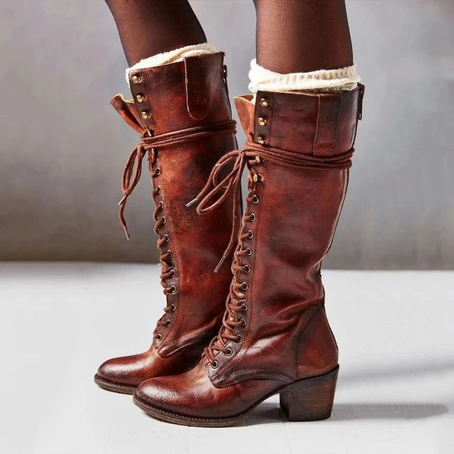 Women's Lace-Up Knee-High Leather Boots in Black, Grey, Brown, Reddish Brown & Khaki – Elegant Statement Footwear for Autumn & Winter | Koossa