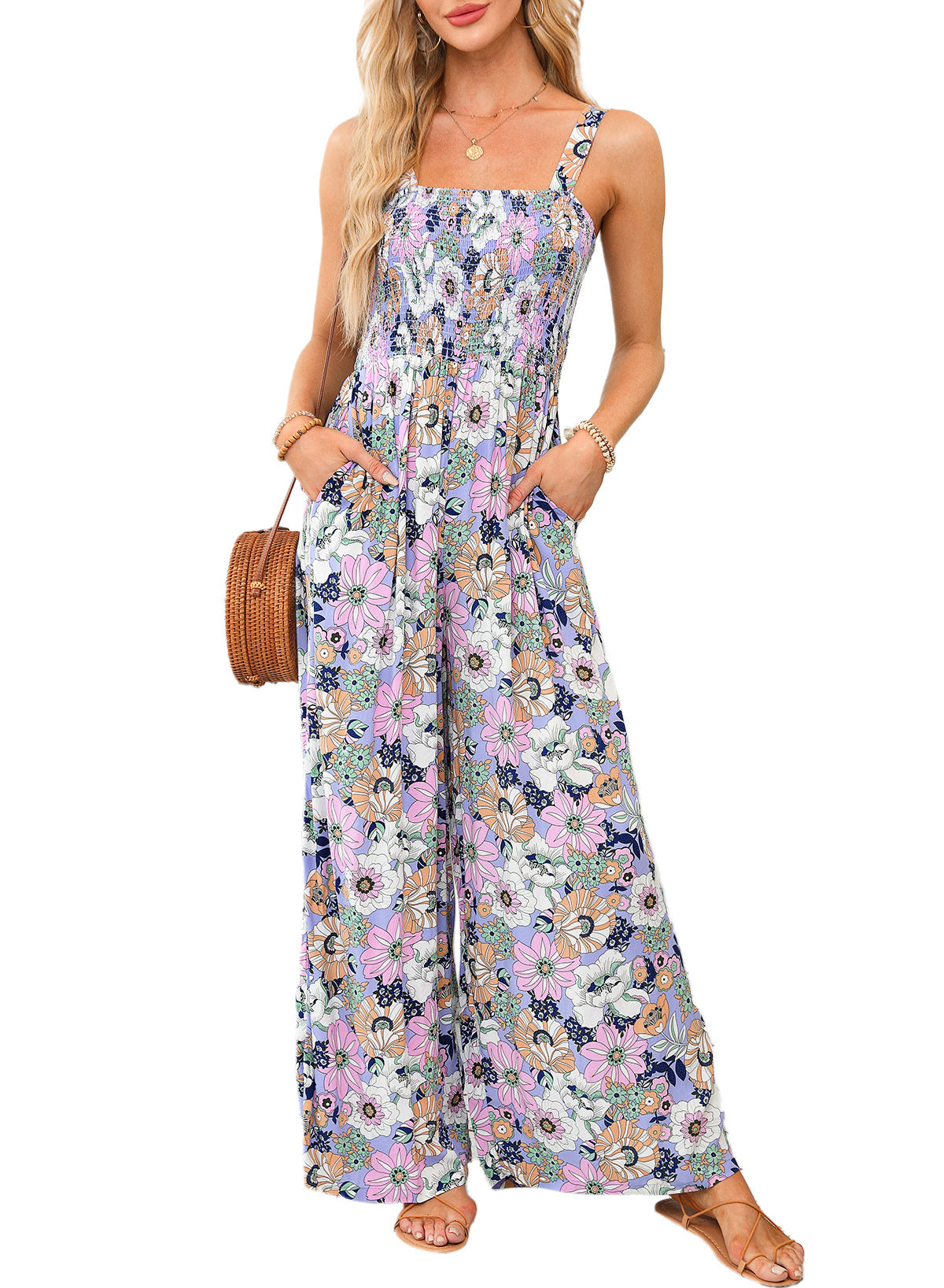 Women's Wide-Leg Floral Jumpsuit in Flowing Silhouette for Garden Parties and Spring Gatherings | Koossa