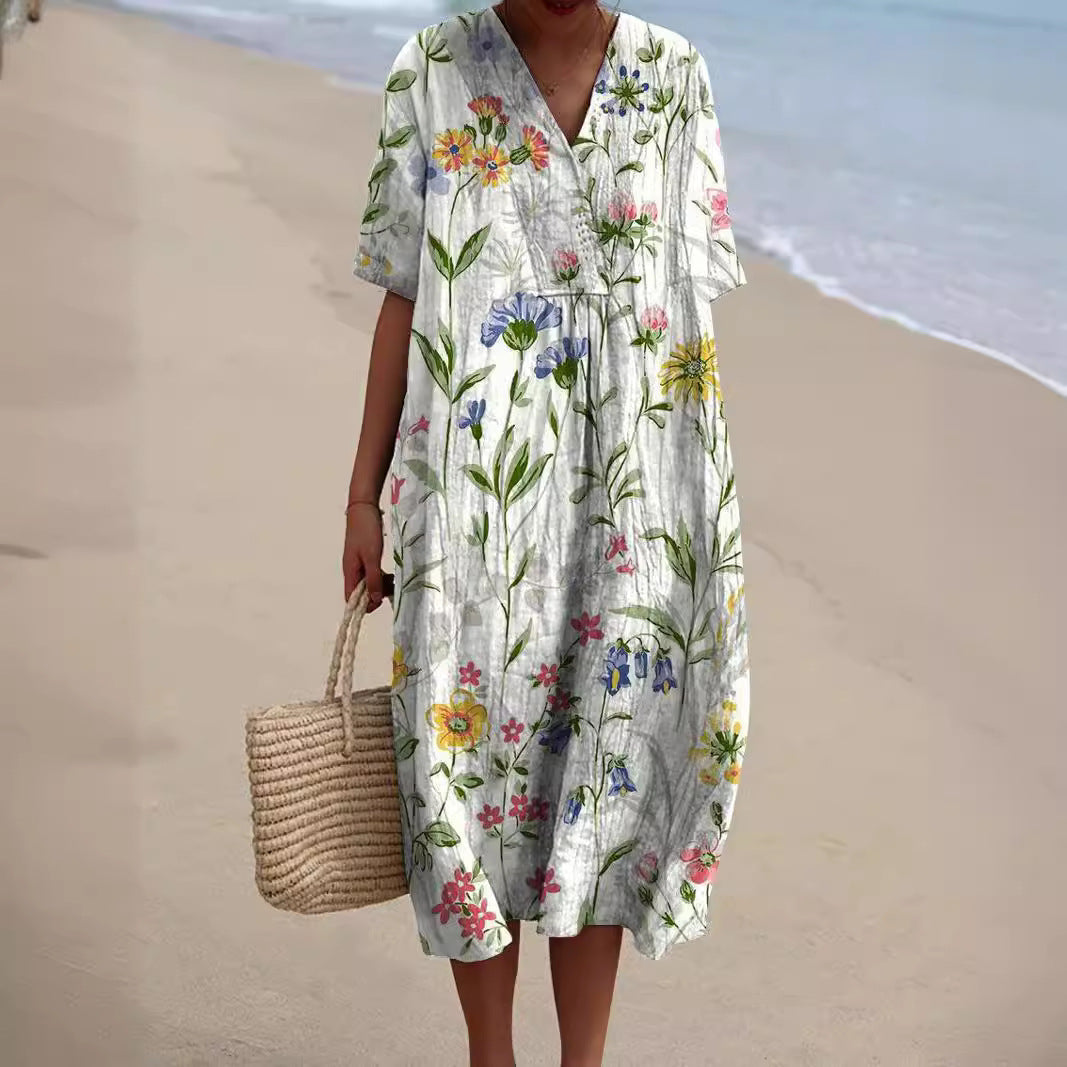Women's Floral V-Neck Summer Dress — Colourful Midi Dress for Garden Parties & Holiday Occasions | Koossa