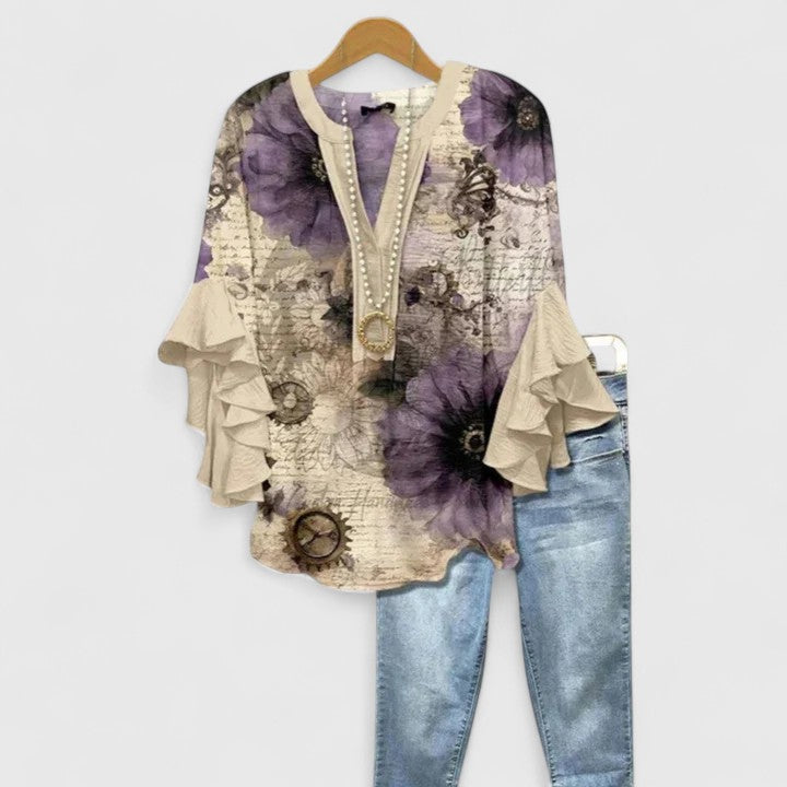 Women's Layered Ruffle Sleeve Blouse in Floral Print | Flowing Fit Feminine Top | Koossa