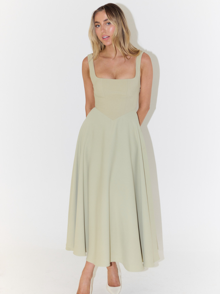 Women's Tailored Midi Dress with Square Neckline — Elegant Summer Wedding Guest Dress & Garden Party Outfit | Koossa
