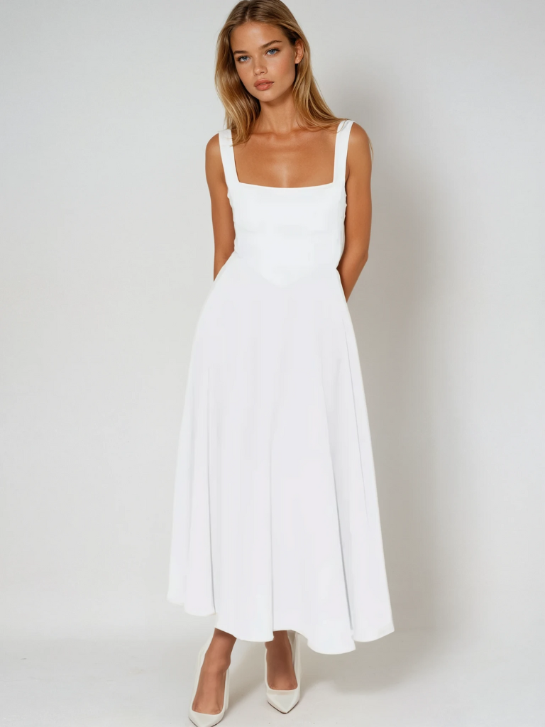 Women's Tailored Midi Dress with Square Neckline — Elegant Summer Wedding Guest Dress & Garden Party Outfit | Koossa