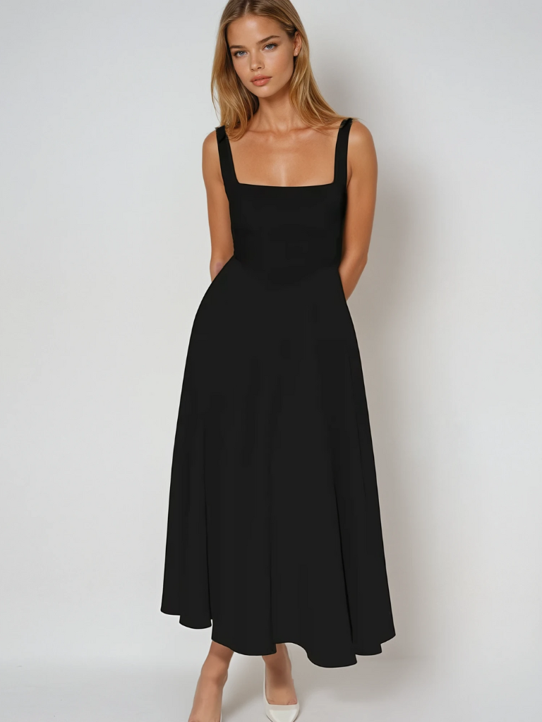 Women's Tailored Midi Dress with Square Neckline — Elegant Summer Wedding Guest Dress & Garden Party Outfit | Koossa