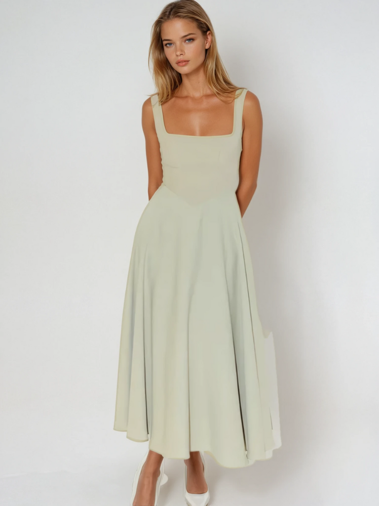 Women's Tailored Midi Dress with Square Neckline — Elegant Summer Wedding Guest Dress & Garden Party Outfit | Koossa