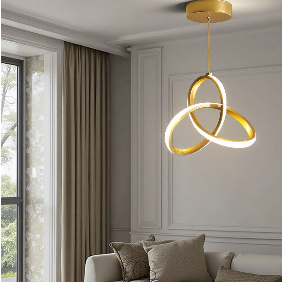 Suspension LED géométrique en aluminium doré 25 cm avec réglage tricolore pour salle à manger et cuisine | Koossa