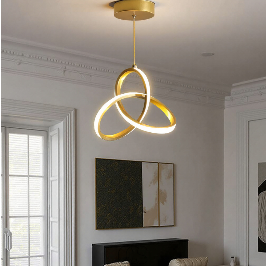 Suspension LED géométrique en aluminium doré 25 cm avec réglage tricolore pour salle à manger et cuisine | Koossa