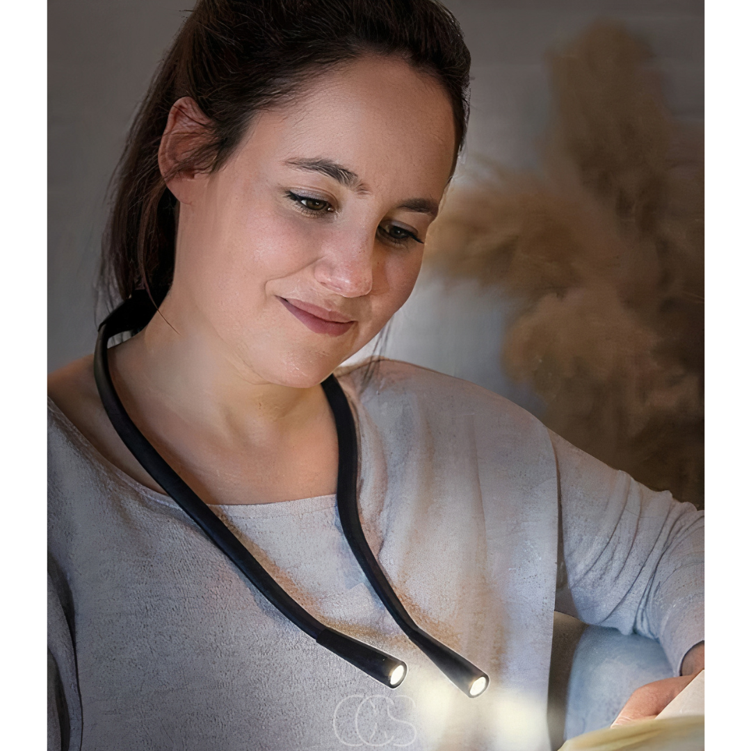 Lampe de lecture LED rechargeable tour de cou, flexible et dimmable pour lecture mains libres confortable | Koossa